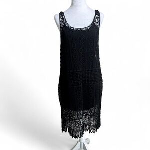 Ralph Lauren Dress Size M Black Crochet Knit Sleeveless Overlay Womens fringe